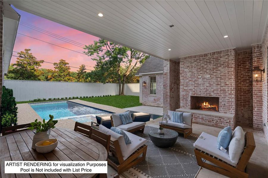 Outdoor living at its finest! Outdoor fireplace, grill, patio and room for a pool and grass. 
Image is RENDERING of Pool. Pool install is Not included in List price. Rendering for visualization only.