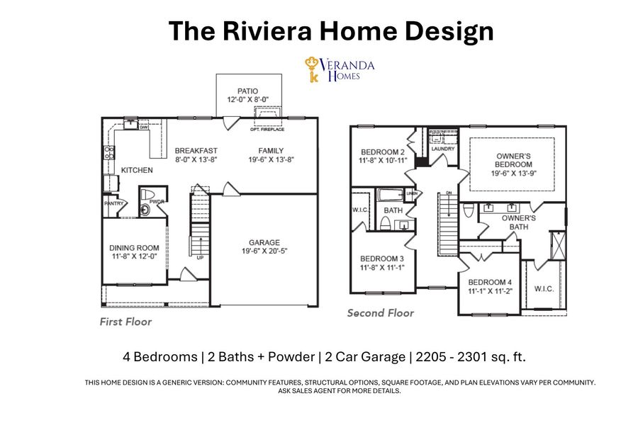 2D floor plan layout for the Riviera by Veranda Homes in Heritage Bay, Sumter, SC (Image 3).