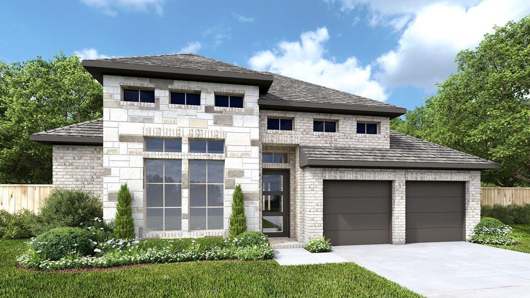 Front exterior of a new home in Elyson, Katy, TX, highlighting curb appeal (Image 1). Front exterior of a new home in Elyson, Katy, TX, highlighting curb appeal (Image 1).