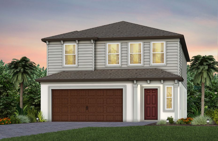 Front exterior of a new home in Vida's Way, Wesley Chapel, FL, highlighting curb appeal (Image 1). Front exterior of a new home in Vida's Way, Wesley Chapel, FL, highlighting curb appeal (Image 1).