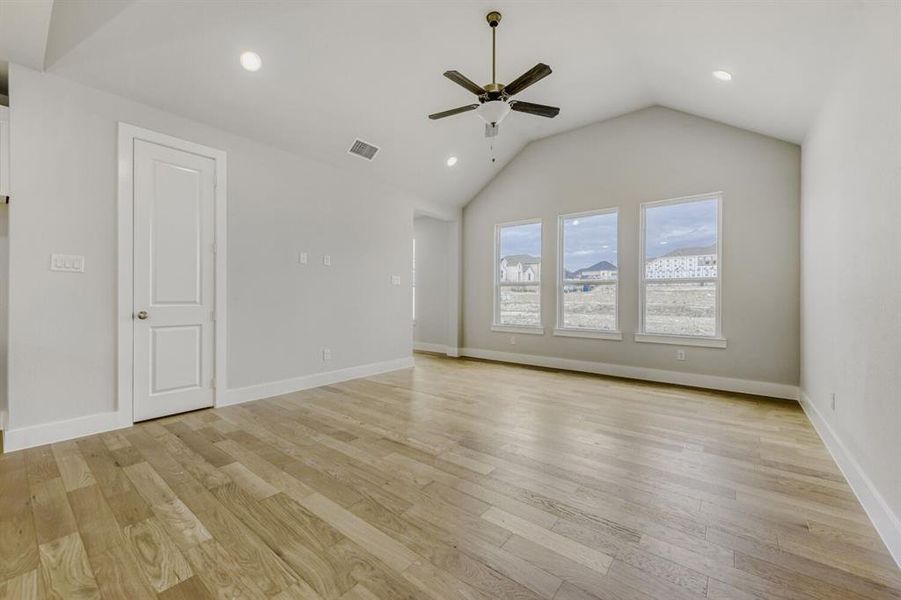 Spare room featuring ceiling fan, recessed lighting, and light wood-style floors