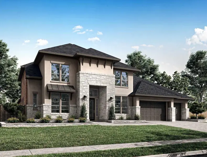 Front exterior of a new home in Bridgeland 80′, Cypress, TX, highlighting curb appeal (Image 1).