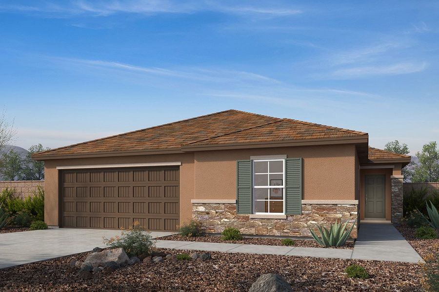 Front exterior of a new home in Mirador Ridge Skies, Tucson, AZ, highlighting curb appeal (Image 1). Front exterior of a new home in Mirador Ridge Skies, Tucson, AZ, highlighting curb appeal (Image 1).