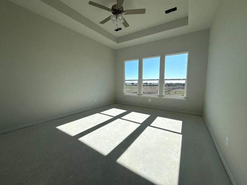Unfurnished room featuring a raised ceiling and a ceiling fan