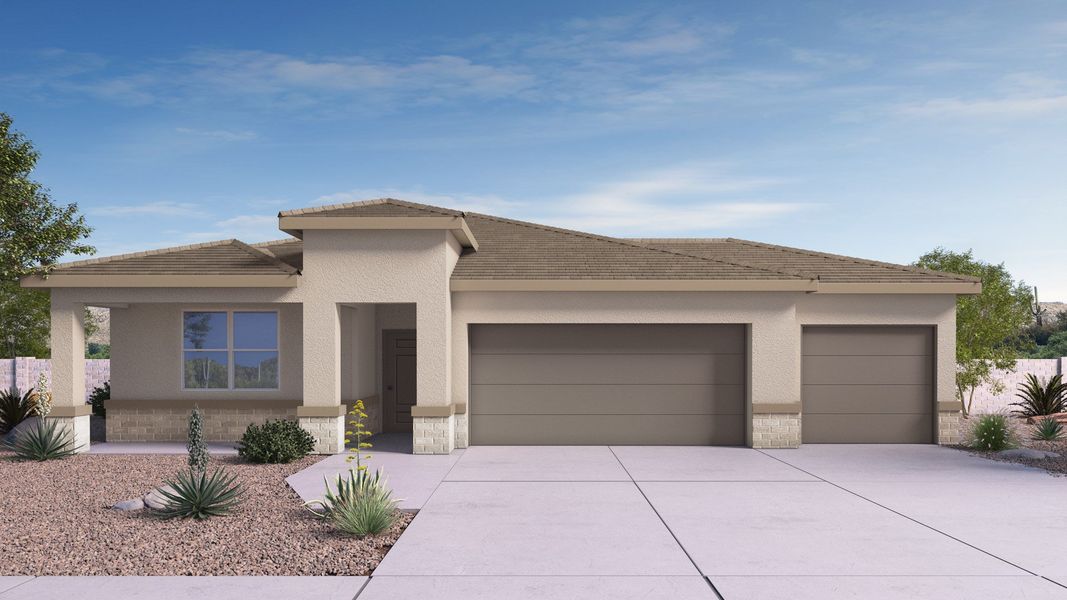 Front exterior of a new home in Mason Ranch, Surprise, AZ, highlighting curb appeal (Image 1).