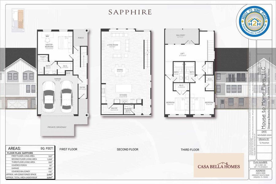 2D floor plan layout for the Sapphire by Casa Bella Homes in Crescent Heights Luxury Townhomes, Garland, TX (Image 3).