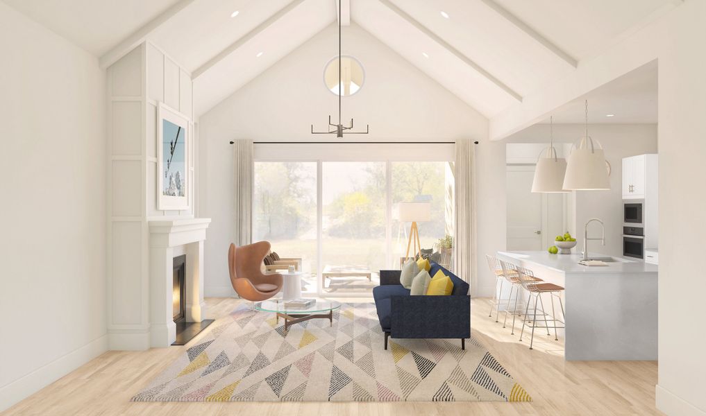 Great room with vaulted ceiling and white painted beams