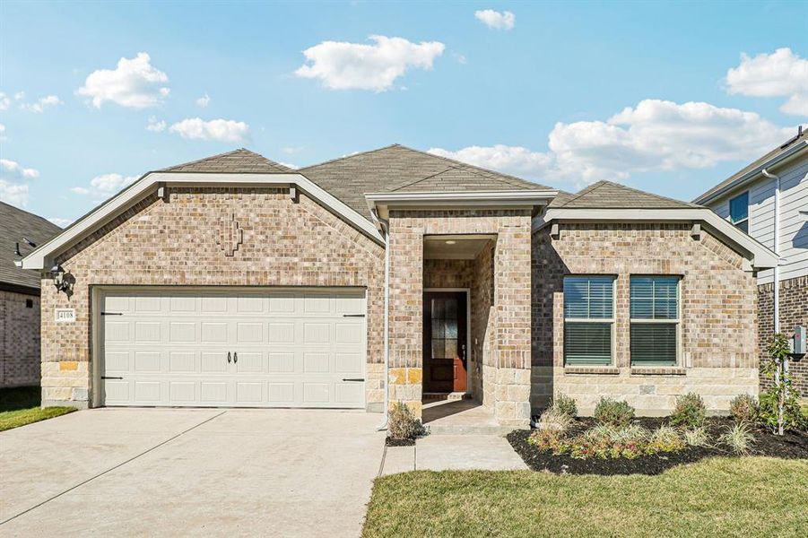 Front exterior of a new home in Lakehaven - Signature Series, Farmersville, TX, highlighting curb appeal (Image 2). Front exterior of a new home in Lakehaven - Signature Series, Farmersville, TX, highlighting curb appeal (Image 2).