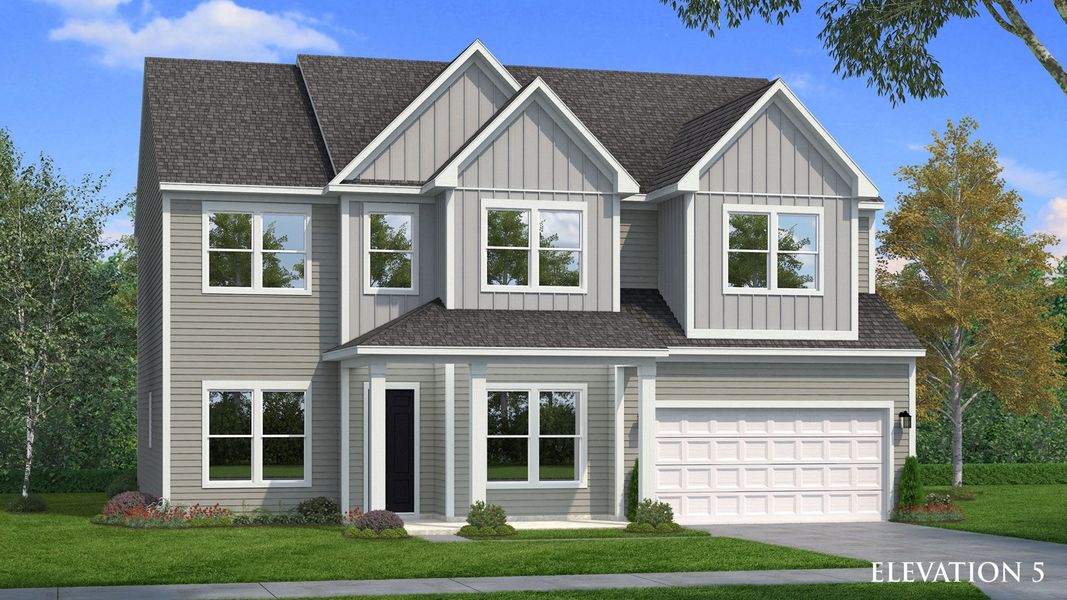 Exterior elevation rendering with light Hardie siding and board and batten accents