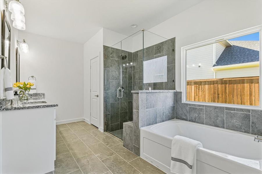 Bathroom featuring vanity and shower with separate bathtub Bathroom featuring vanity and shower with separate bathtub