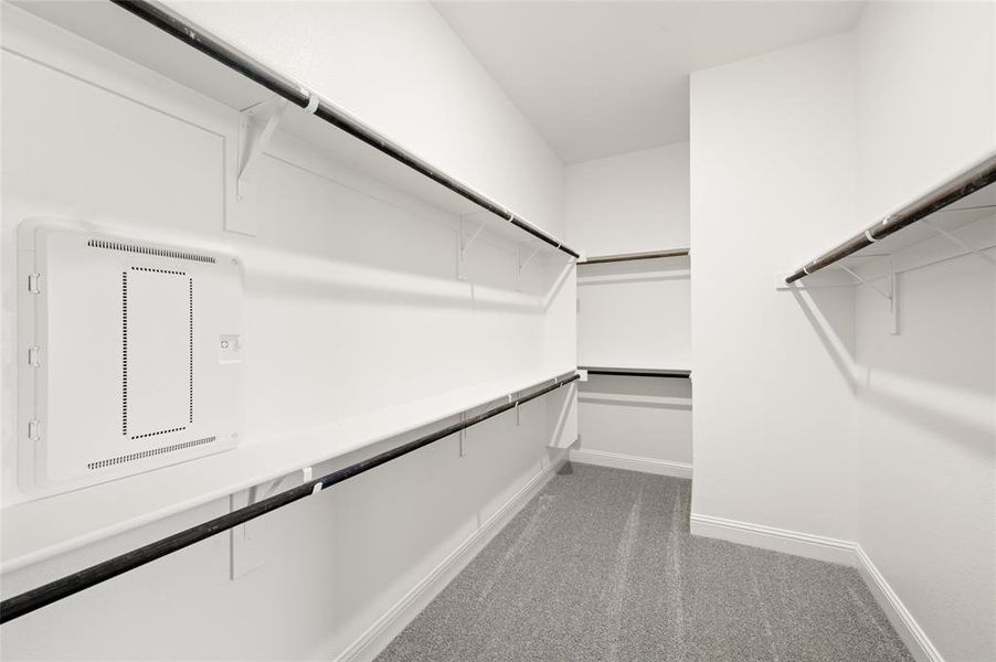 Walk in closet featuring light colored carpet