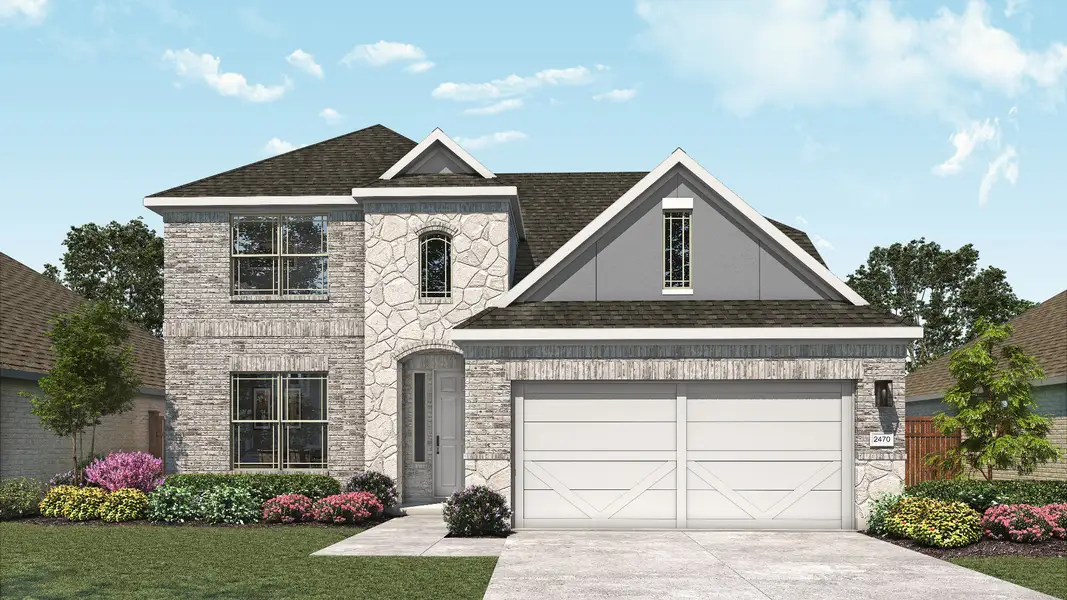 Representative exterior photo of a completed home built from the Hickory by DRB Homes in Parkside on the River, Georgetown, TX (Image 2). Representative exterior photo of a completed home built from the Hickory by DRB Homes in Parkside on the River, Georgetown, TX (Image 2).