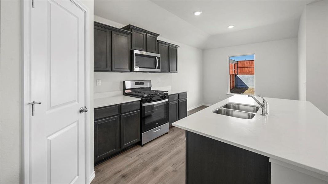 Kitchen featuring appliances with stainless steel finishes, dark cabinets, a kitchen island with sink, light wood-style flooring, and recessed lighting
