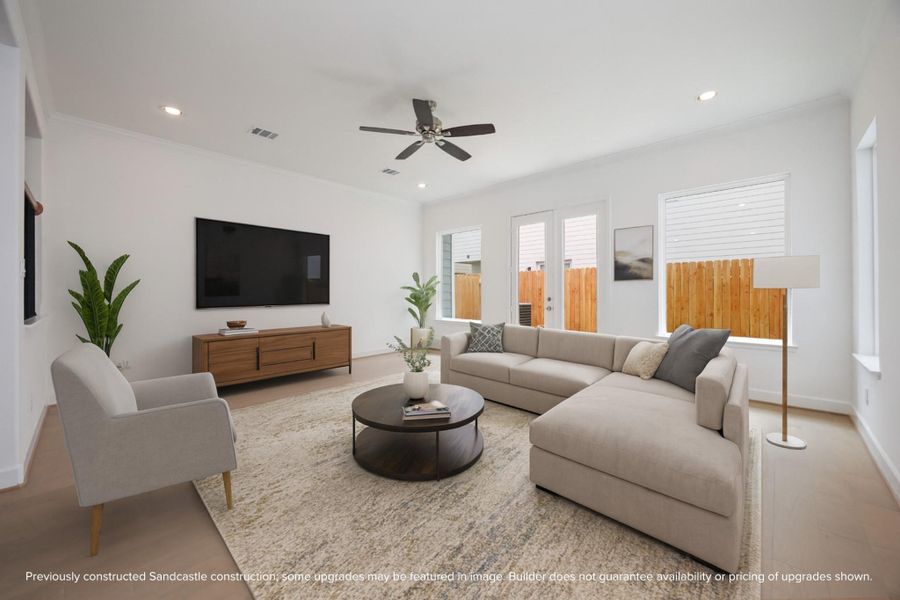 Design your ideal living space with room for multiple furniture groupings in this expansive area.