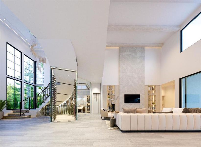 Living room with plenty of natural light, a towering ceiling, stairs, and beam ceiling