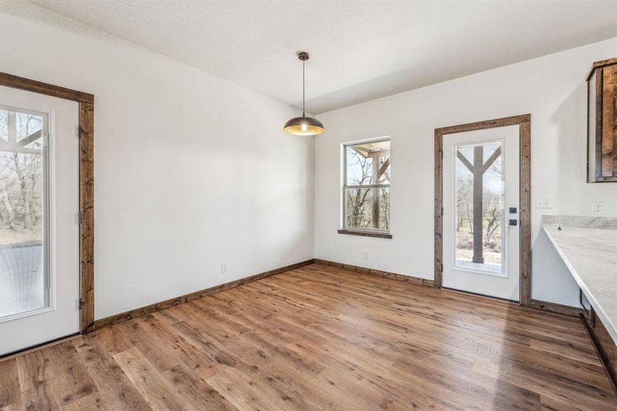 Unfurnished dining area with baseboards and wood finished floors