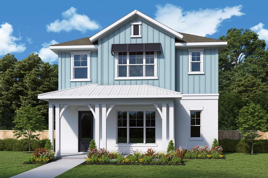 Front exterior of a new home in Emerald Landing at Waterside at Lakewood Ranch – Cottage Series, Sarasota, FL, highlighting curb appeal (Image 2). Front exterior of a new home in Emerald Landing at Waterside at Lakewood Ranch – Cottage Series, Sarasota, FL, highlighting curb appeal (Image 2).