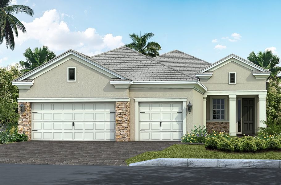 Representative exterior photo of a completed home built from the Bright Meadow by Neal Communities in Verandah, Fort Myers, FL (Image 2). Representative exterior photo of a completed home built from the Bright Meadow by Neal Communities in Verandah, Fort Myers, FL (Image 2).