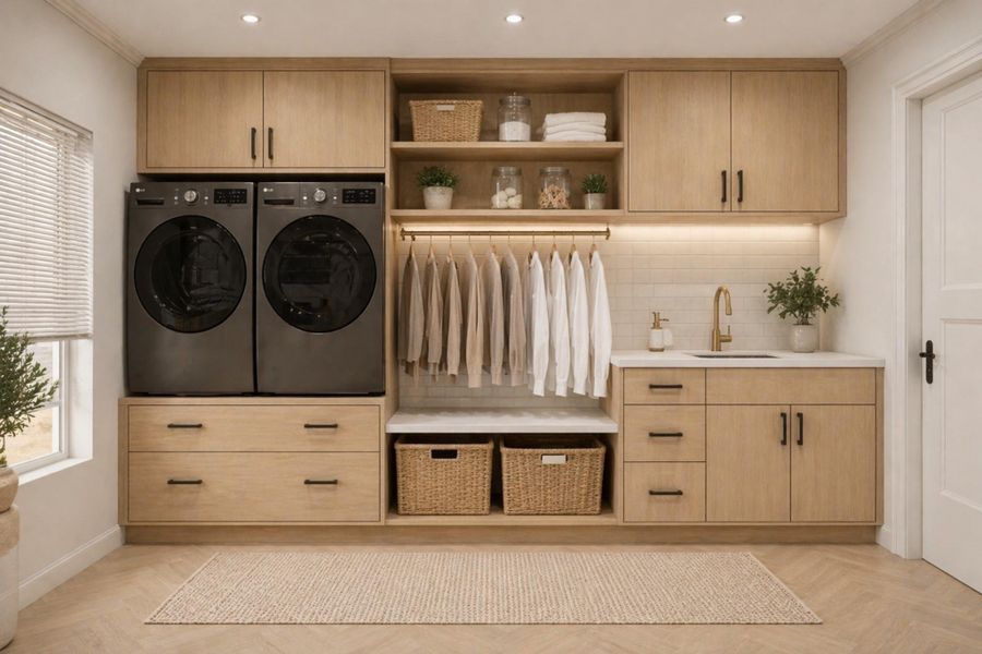 Spacious laundry room with built-in storage and functionality. Spacious laundry room with built-in storage and functionality.
