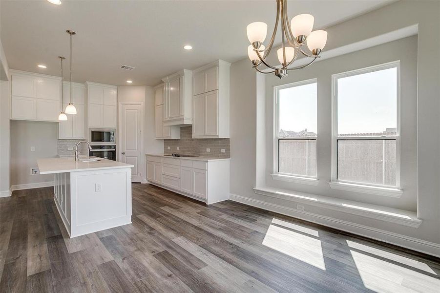 Kitchen with pendant lighting, tasteful backsplash, wood-type flooring, a center island with sink, and stainless steel appliances