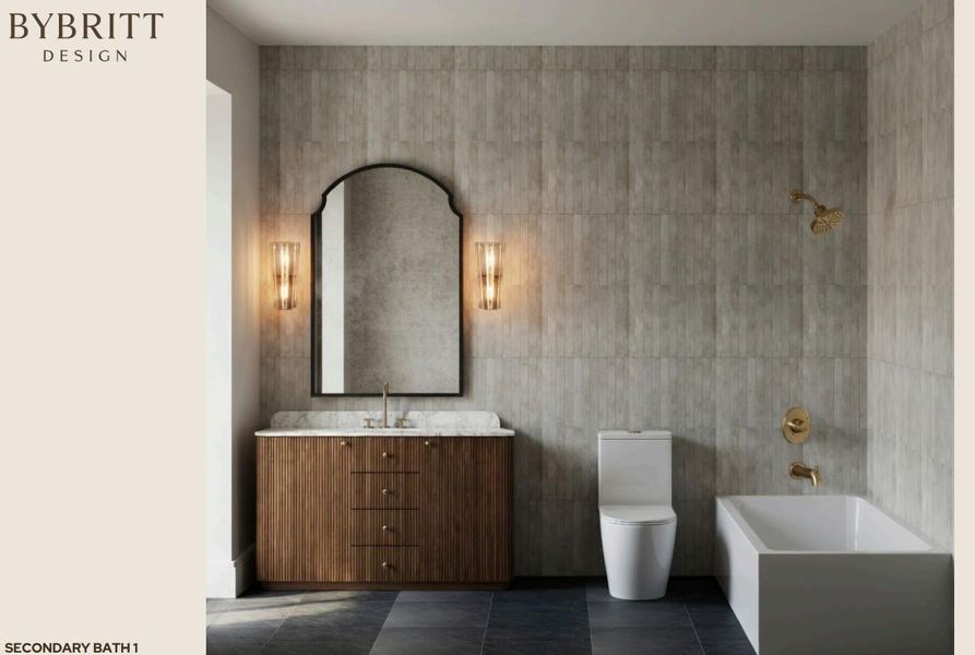 Elegant gold fixtures accent this serene secondary bath, boasting a tasteful vanity with ample storage and a deep soaking tub.