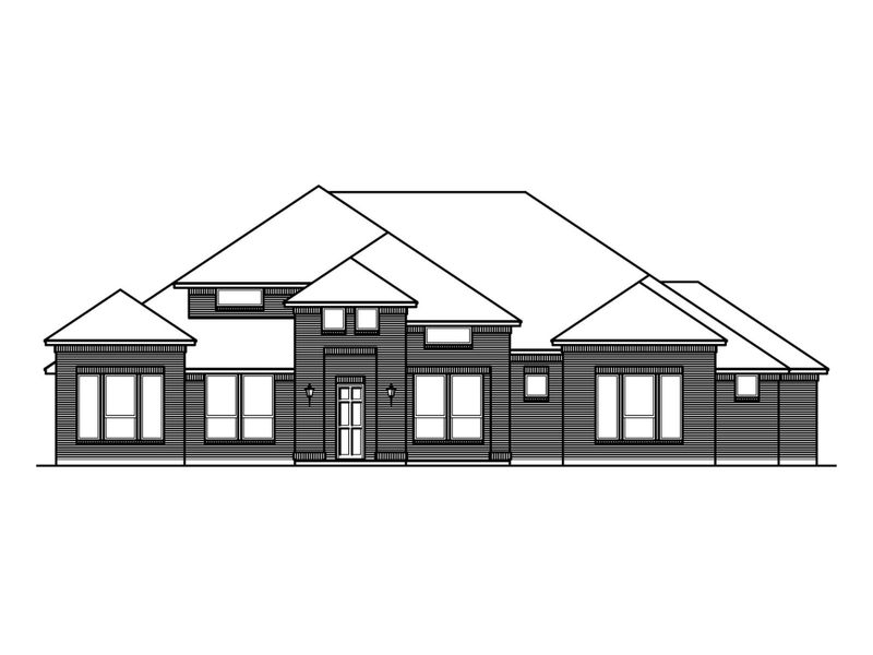 Black and white line drawing of a large single-story home with a partial second floor, wide facade, and multiple windows. Black and white line drawing of a large single-story home with a partial second floor, wide facade, and multiple windows.