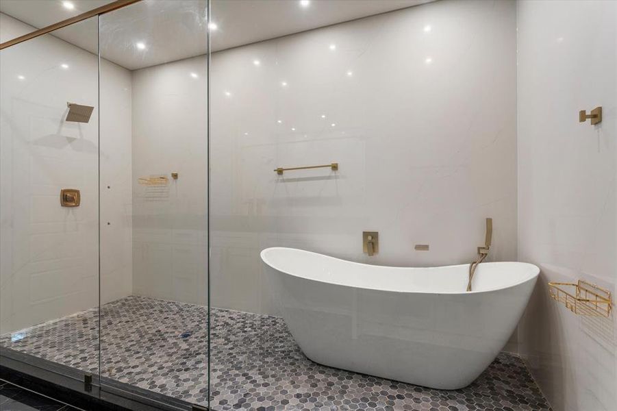 Bathroom wet room shower, freestanding bath and tiled shower