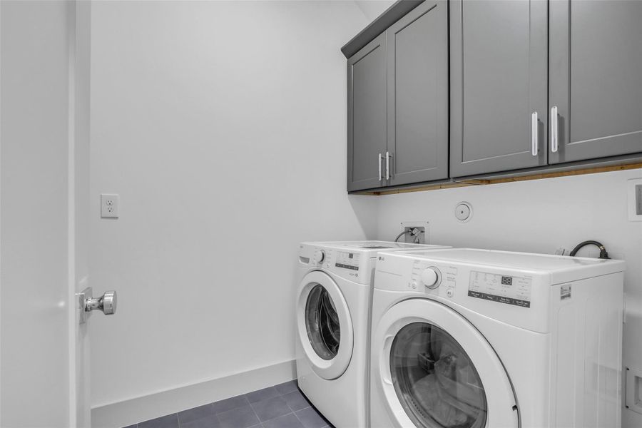 The laundry room is equipped with washer and electric/gas dryer connections, providing a convenient space for everyday household needs.