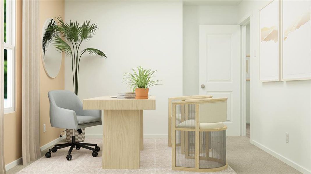 Home office featuring light carpet