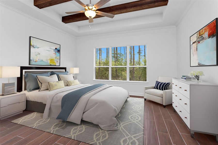 The serene primary suite offers a peaceful retreat with forested views, warm wood-look tile flooring, and rich ceiling beams that add architectural depth.