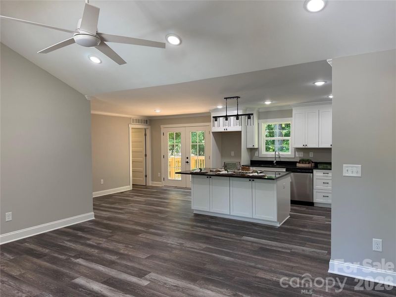 Looking into open kitchen from living room