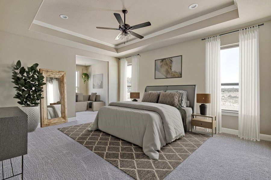 Bedroom featuring a raised ceiling, ceiling fan, and dark colored carpet