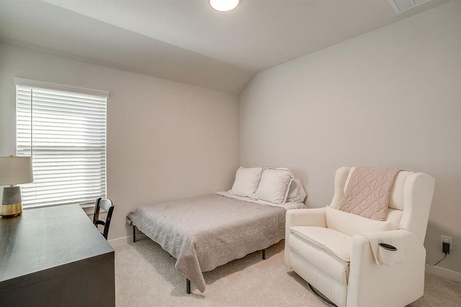 Bedroom featuring carpet and vaulted ceiling Bedroom featuring carpet and vaulted ceiling