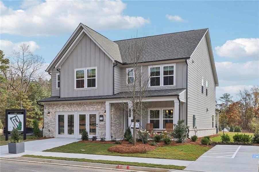 Front exterior of a new home in Arbors at Richland Creek, Buford, GA, highlighting curb appeal (Image 28). Front exterior of a new home in Arbors at Richland Creek, Buford, GA, highlighting curb appeal (Image 28).