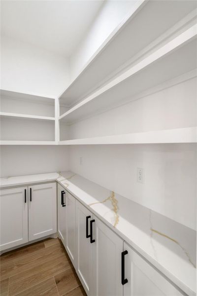 Spacious walk-in pantry with ample cabinets and convenient outlets for all your kitchen gadgets.