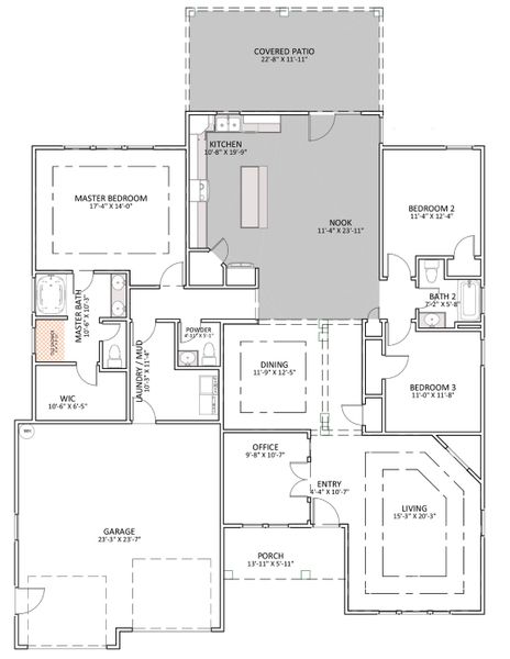 2D floor plan layout for the Arcadia Elite by Enchanted Homes in Pointe Summit, Slater-Marietta, SC (Image 3).