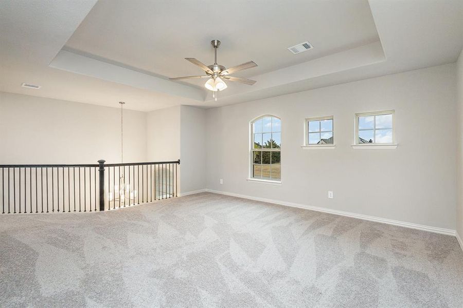 Spare room with carpet floors, a raised ceiling, and ceiling fan