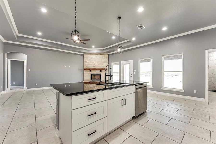 Kitchen with dishwasher, white cabinets, a raised ceiling, sink, and an island with sink