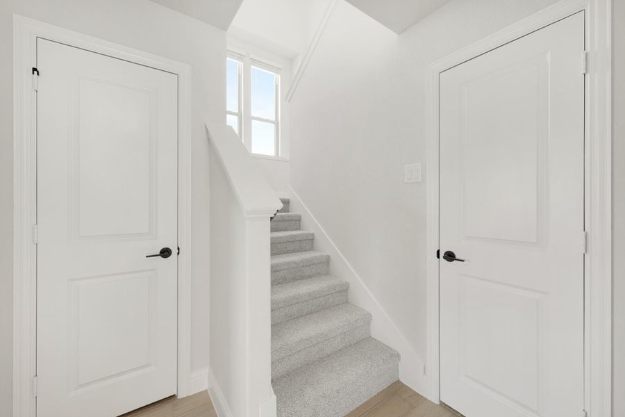 Carpeted staircase with white walls and two white panel doors with black hardware on each side