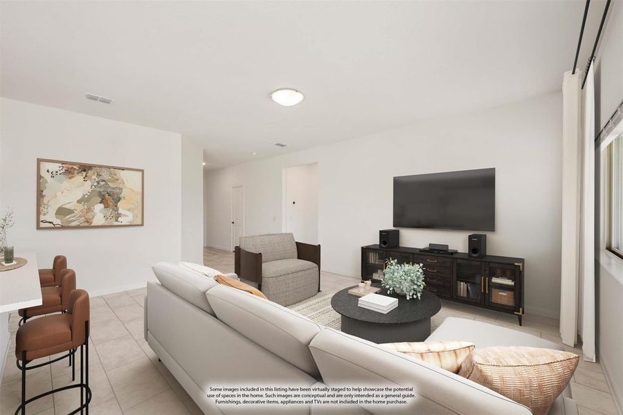 Open living room with light tile floors, sectional sofa, and wall-mounted TV, virtually staged