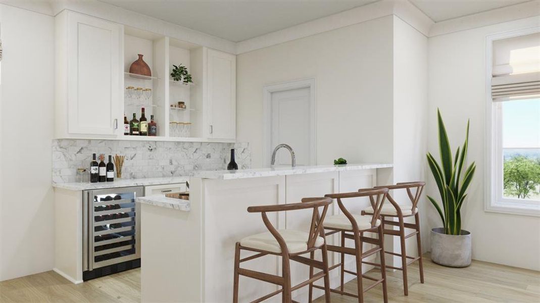 Third floor indoor outdoor entertainment area includes walk in bar and powder bath.