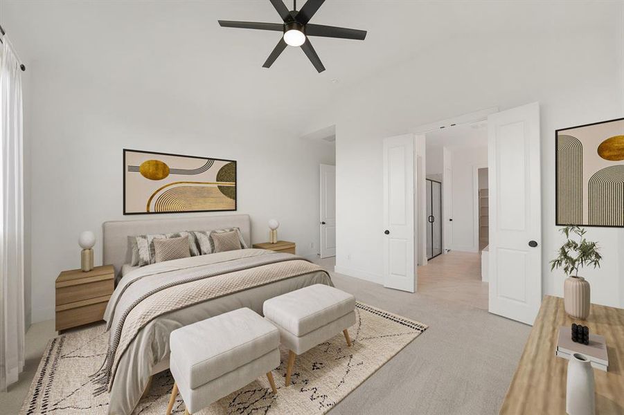 Bedroom featuring light carpet, vaulted ceiling, and ceiling fan