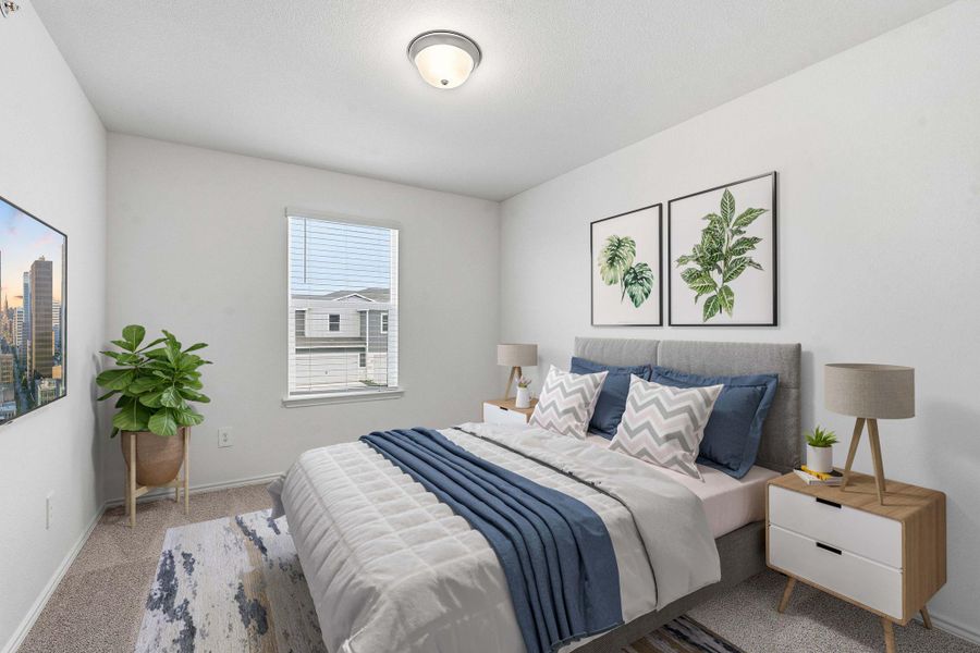 Recessed window with blinds, carpeted flooring, and a ceiling-mounted light fixture