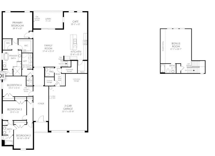 2D floor plan layout for the Tidewater With Bonus - 60' Homesites by Dream Finders Homes in Avalon Woods, Winter Garden, FL (Image 3).