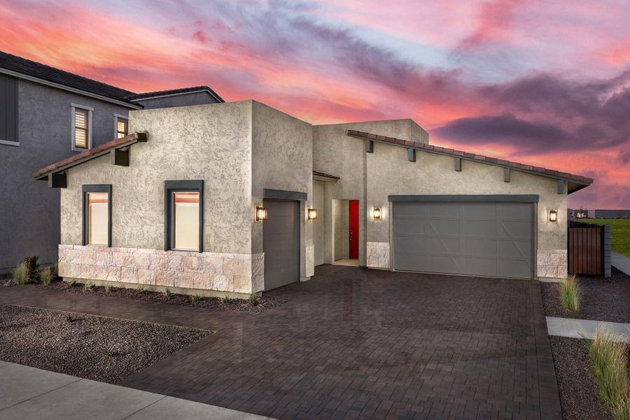 Front exterior of a new home in Harvest at Citrus Park, Goodyear, AZ, highlighting curb appeal (Image 1). Front exterior of a new home in Harvest at Citrus Park, Goodyear, AZ, highlighting curb appeal (Image 1).