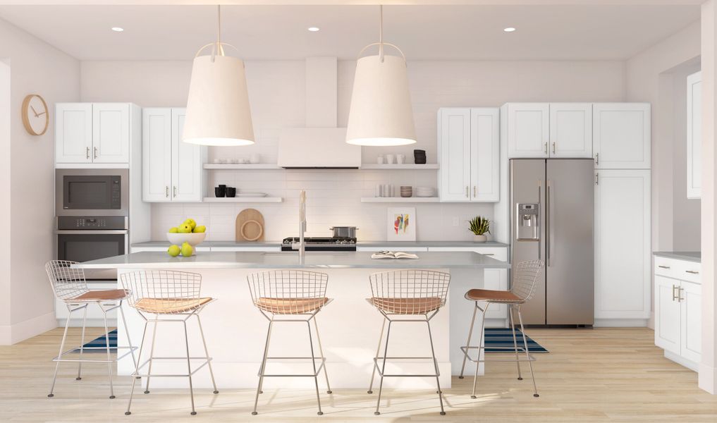 Kitchen with pendant lighting and floating shelves