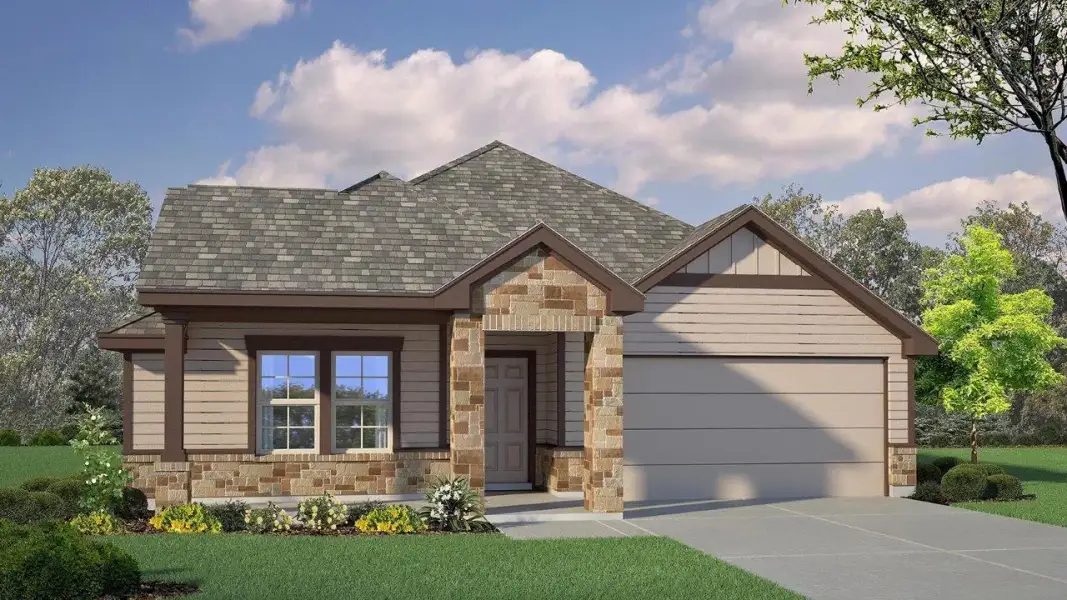 Front exterior of a new home in Creekfall, Burnet, TX, highlighting curb appeal (Image 1). Front exterior of a new home in Creekfall, Burnet, TX, highlighting curb appeal (Image 1).