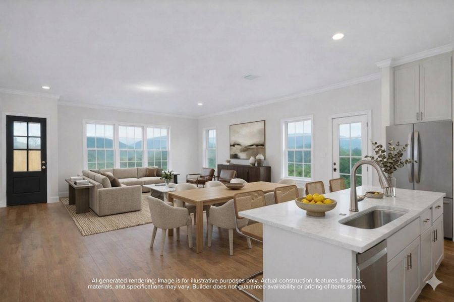 Imagine mornings filled with natural light and evenings spent gathered with friends—this open-concept living, dining, and kitchen space is designed for connection, comfort, and easy entertaining.