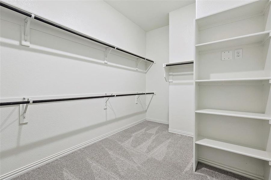 Walk in closet with light colored carpet