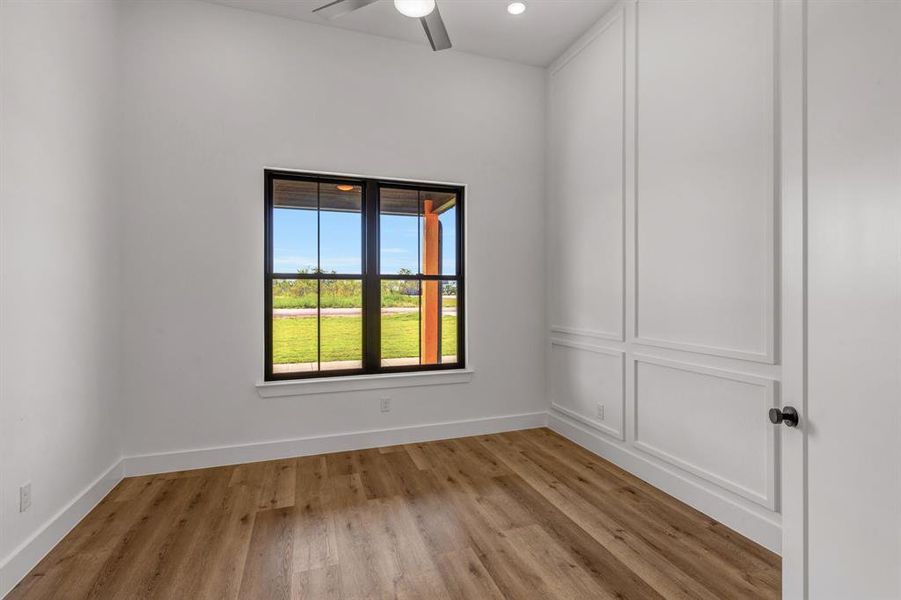 Office or flex room with light wood finished floors, recessed lighting, and a ceiling fan